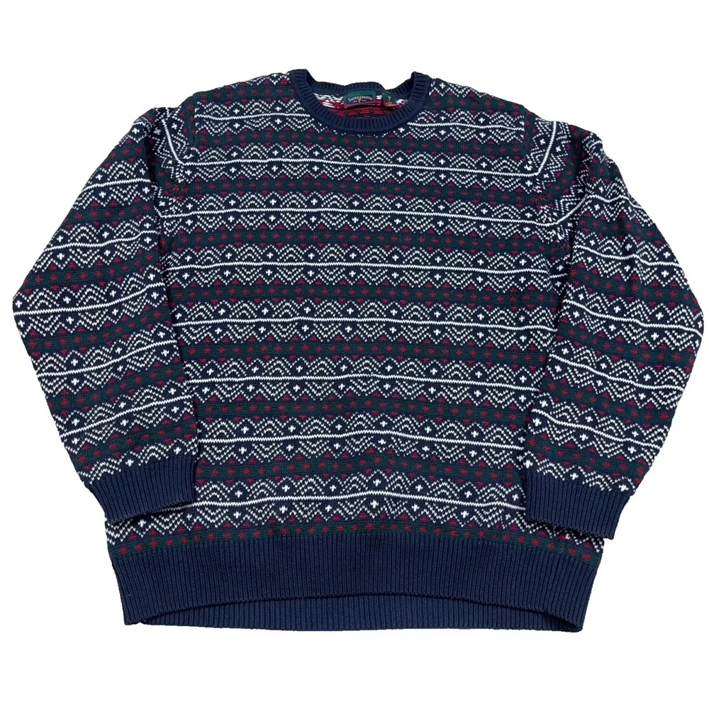 Vintage Grandpa Sweater Men XLT Blue Red Heavy Chunky Knit Geometric Nordic 90s